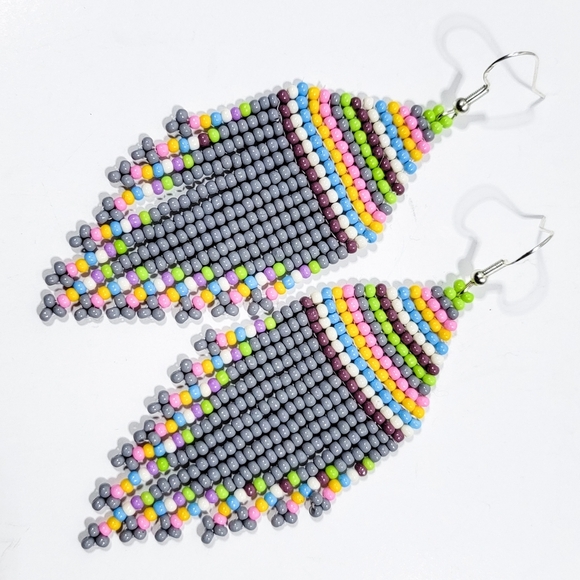 Hand Crafted Jewelry - Handmade Grey Tribal Seed Bead Fringe Earrings